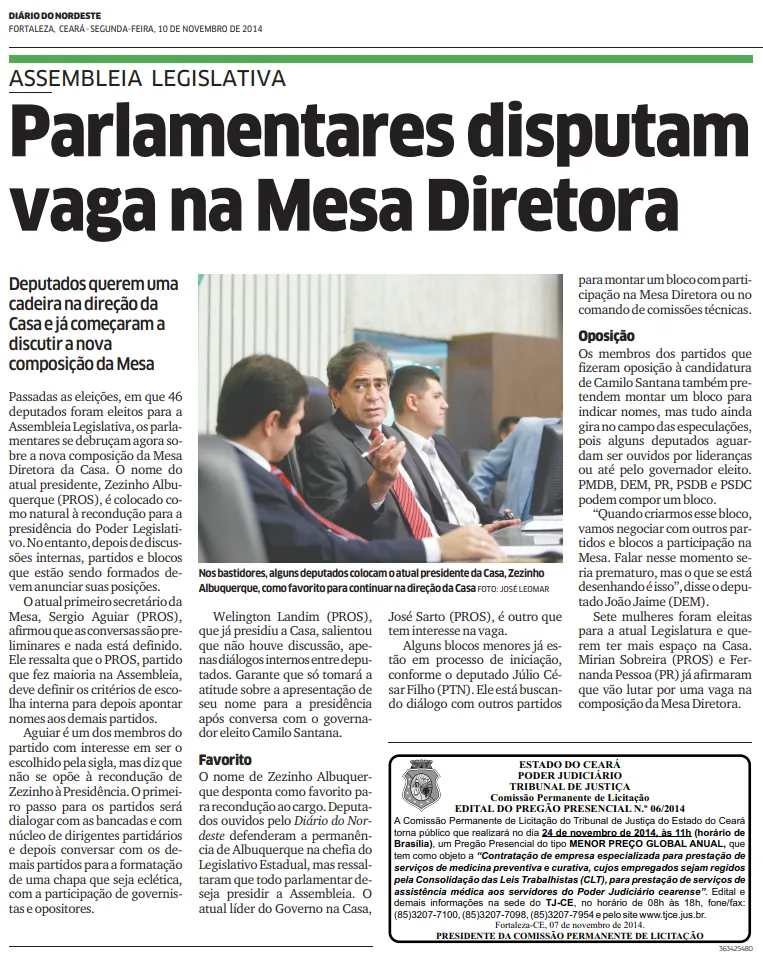 Edição do Diário do Nordeste de 2014 destaca disputa pela presidência da Alece, quando Zezinho Albuquerque conseguiu a reeleição.