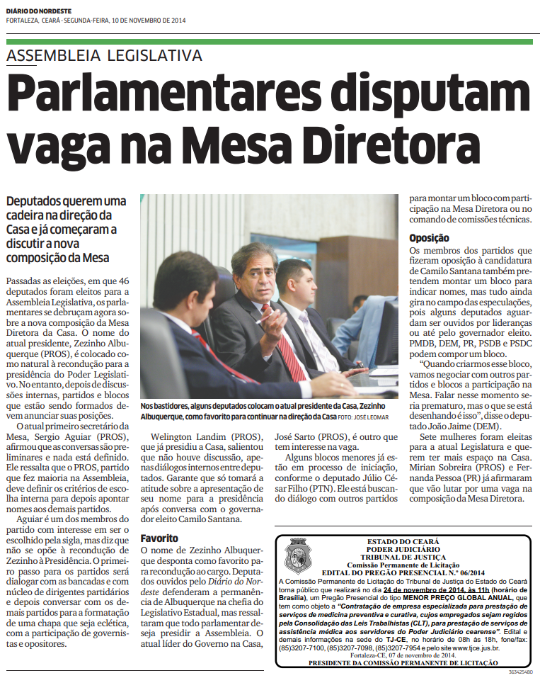 Reprodução de edição do Diário do Nordeste de 10 de novembro de 2014.