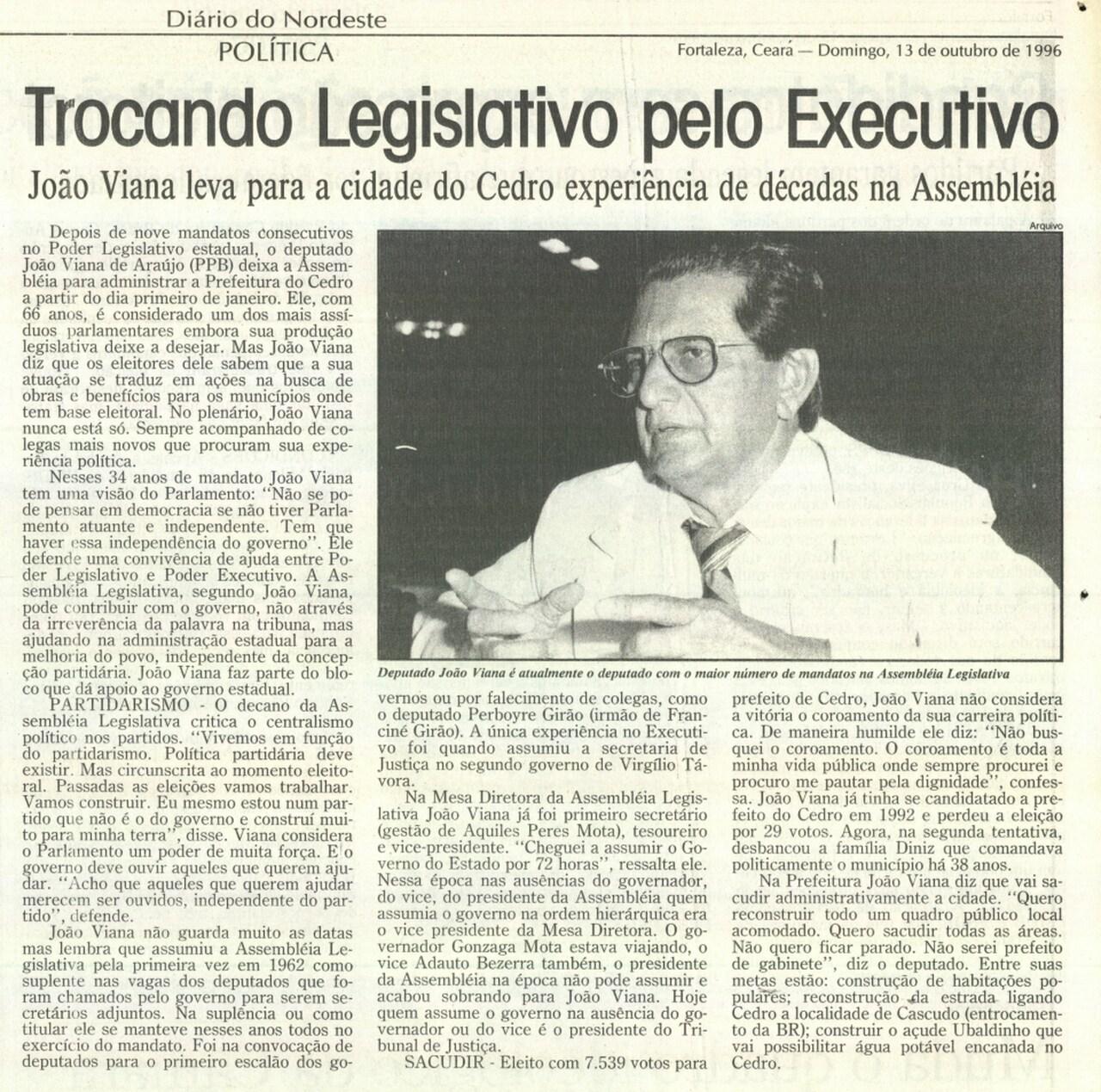 Reprodução mostra edição de 13 de outubro de 1996 do jornal Diário do Nordeste com foto de João Viana de Araújo em destaque.