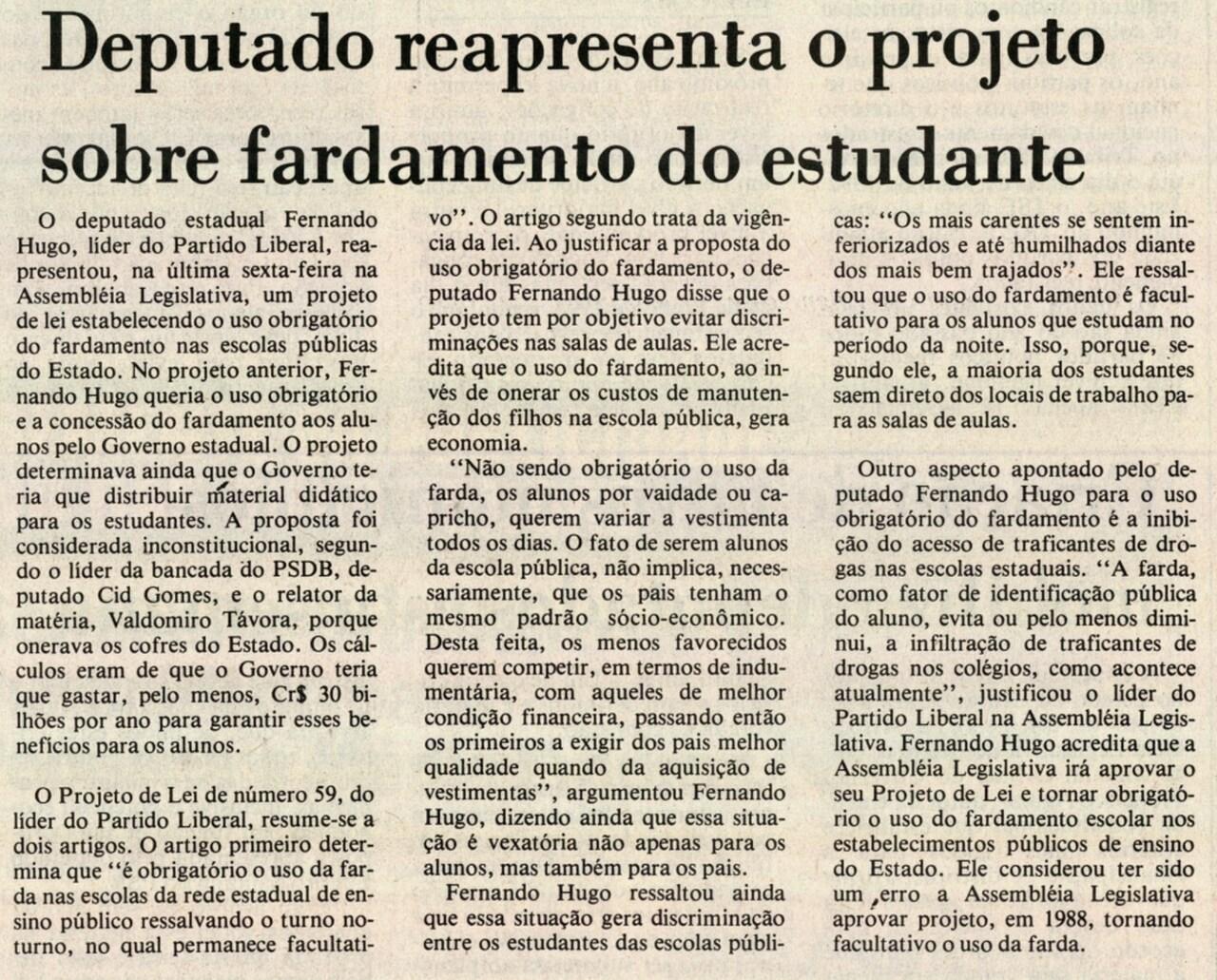 Reprodução mostra edição de 4 de agosto de 1991 do Diário do Nordeste com projeto do deputado Fernando Hugo em destaque.