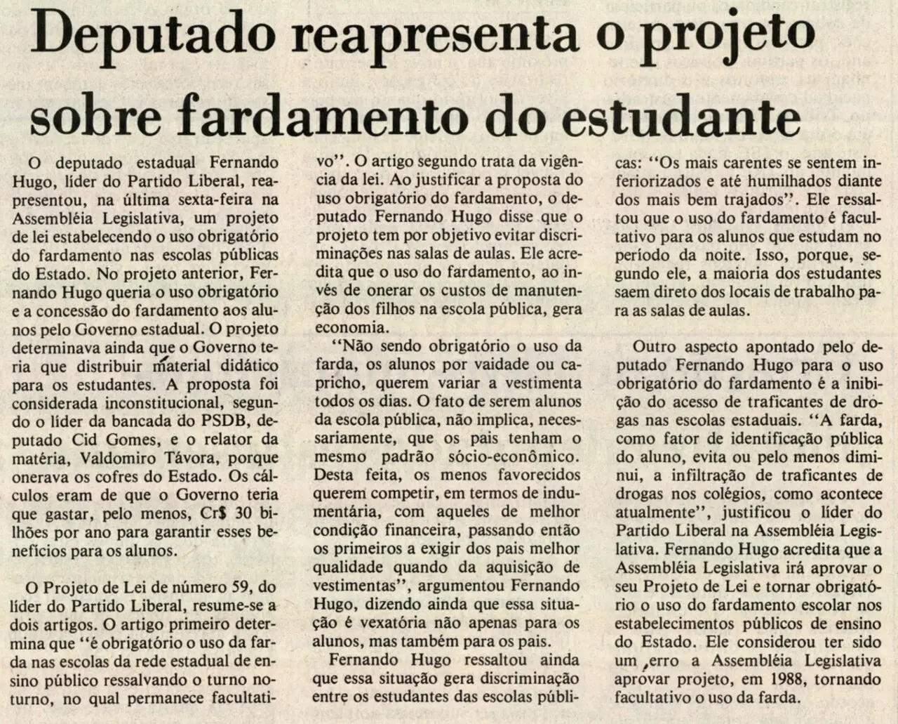 Reprodução mostra edição de 4 de agosto de 1991 do Diário do Nordeste com projeto do deputado Fernando Hugo em destaque.
