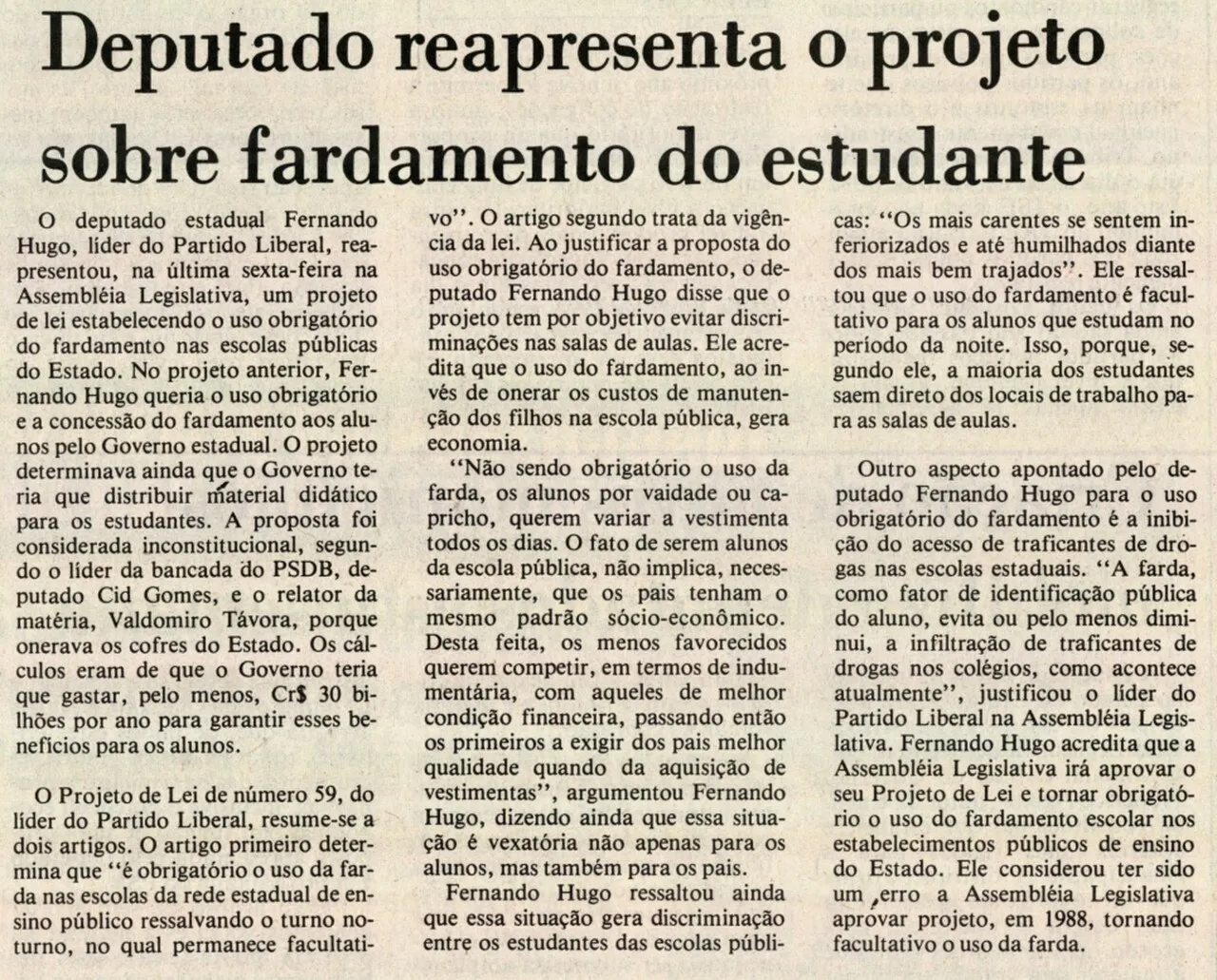 Edição de 4 de agosto de 1991 do Diário do Nordeste mostra projeto do deputado Fernando Hugo, ainda no primeiro mandato.