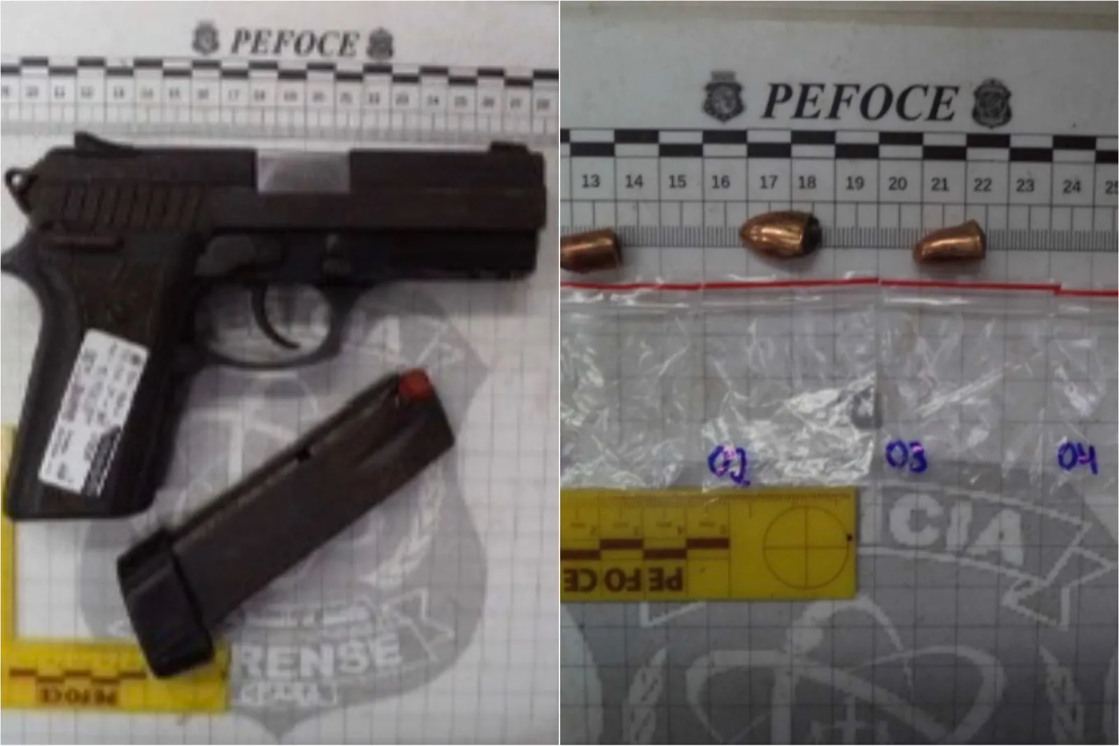 A arma do crime ao lado das balas retiradas do corpo da vítima.