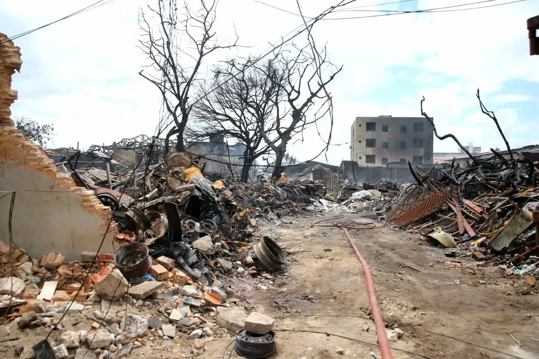 Terreno de areia com sucata jogada e árvores secas ao redor.