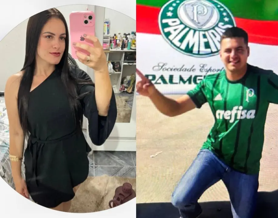 As imagens mostram uma mulher branca, com cabelo preto e um vestido preto, fazendo uma selfie em um espelho; e um homem branco, com a blusa do time Palmeiras e calça jeans, à frente de uma bandeira do mesmo clube de futebol.