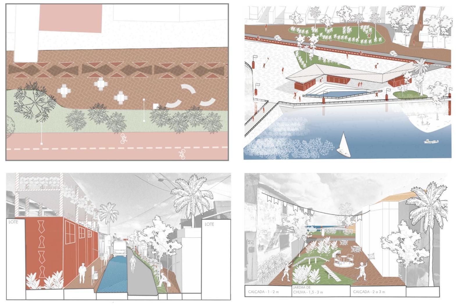 Projeto de espaço de convivência ao ar livre no Pirambu, em Fortaleza, com áreas verdes, piscina, passeio pedonal e espaço de relaxamento, ideal para ambientes de lazer e integração social.