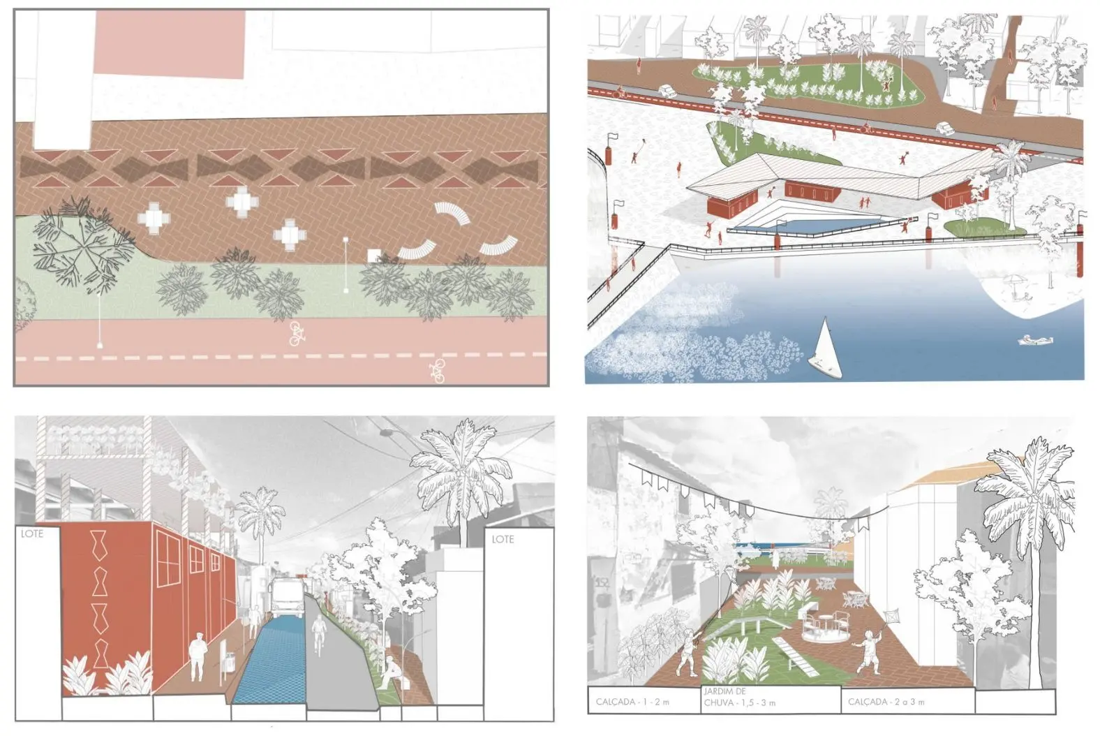 Projeto de espaço de convivência ao ar livre no Pirambu, em Fortaleza, com áreas verdes, piscina, passeio pedonal e espaço de relaxamento, ideal para ambientes de lazer e integração social.