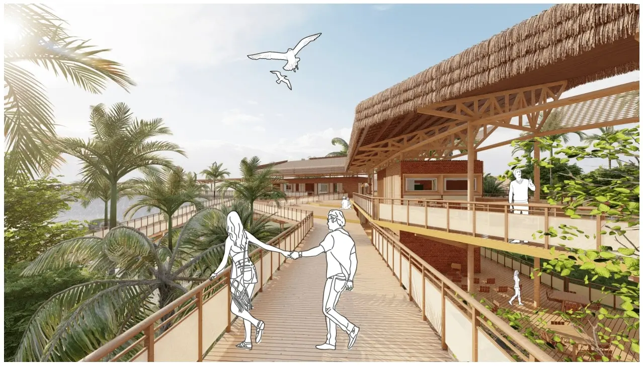 Projeto de eco-resort sustentável com ambientes verdes, passarelas de madeira, piscinas naturais e várias áreas de convivência ao ar livre, promovendo contato com a natureza e turismo ecológico.