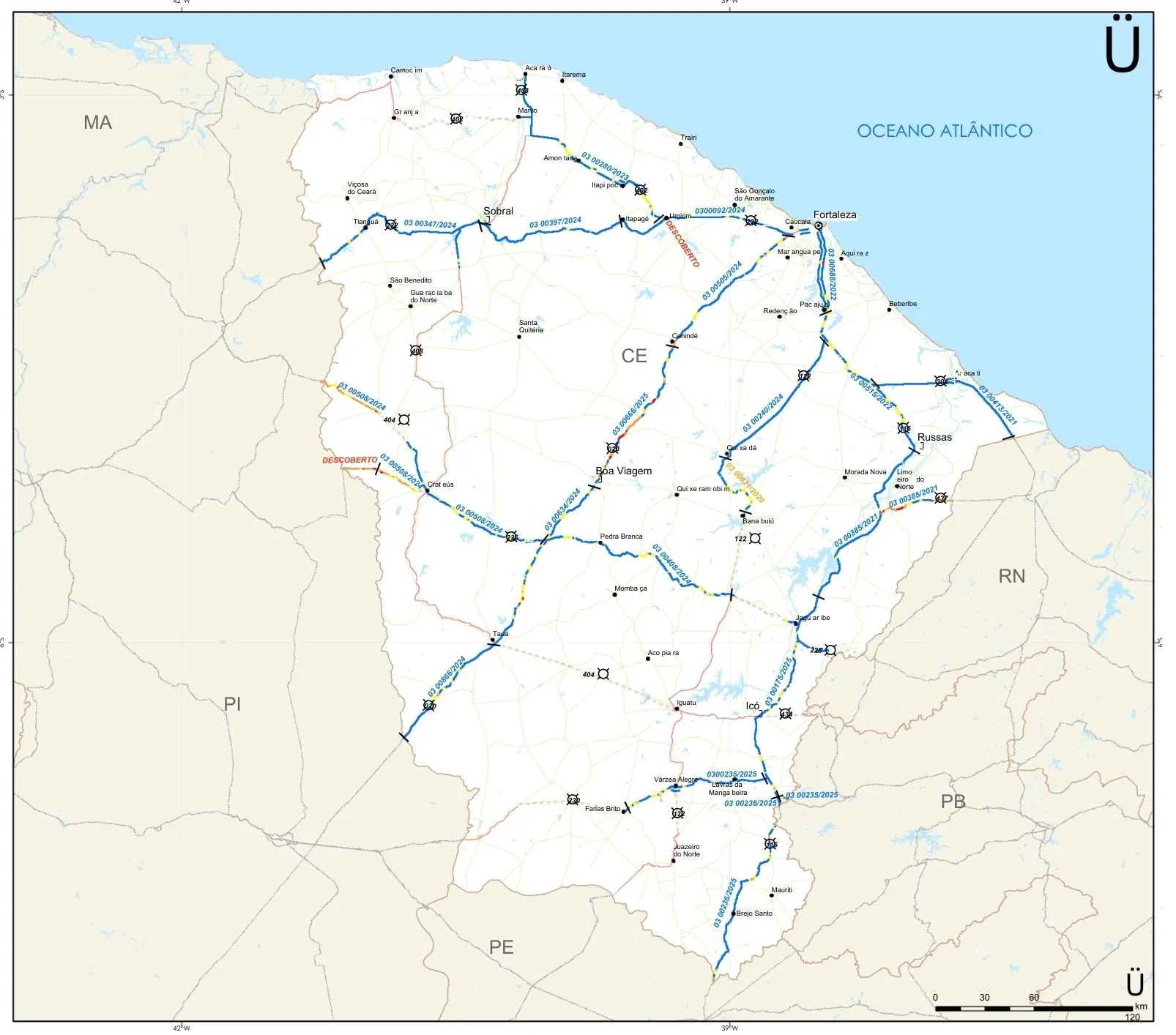 Mapa com a classificação dos trechos de rodovias do Ceará gerenciadas pelo DNIT, conforme o Índice de Condição da Manutenção (ICM) de novembro de 2025.