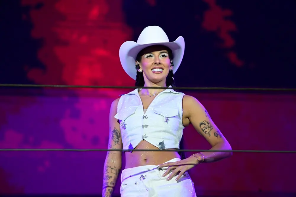 Na imagem, fotografia em plano médio da cantora Ana Castela durante uma apresentação em um palco. Ela sorri e olha para a lateral. Veste um visual 