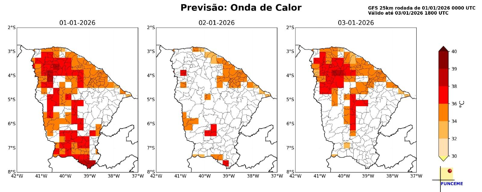 Mapa com previsão de temperaturas altas para feriadão de ano novo de 2026.