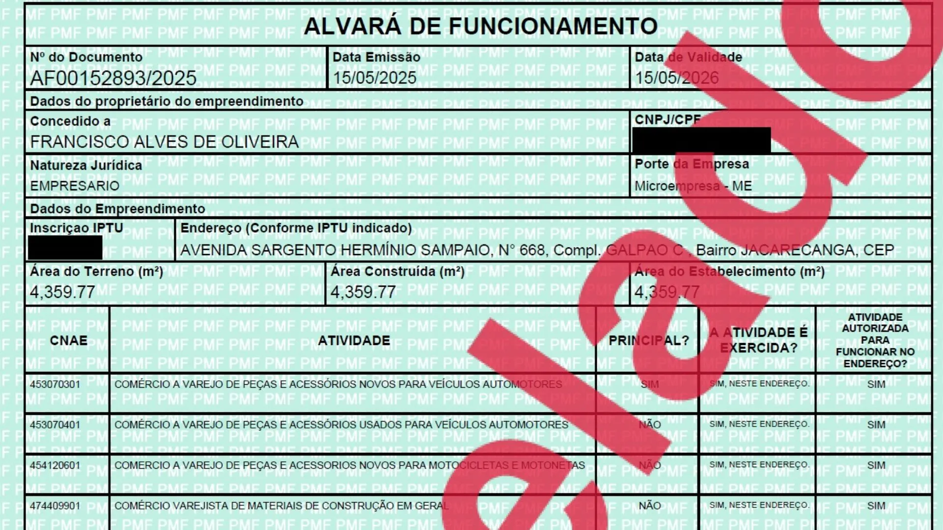 Alvará de funcionamento do estabelecimento