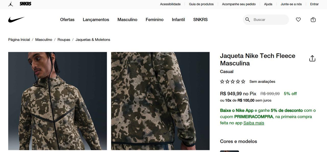 print de jaqueta do conjunto Nike Tech Fleece no site brasileiro da Nike.