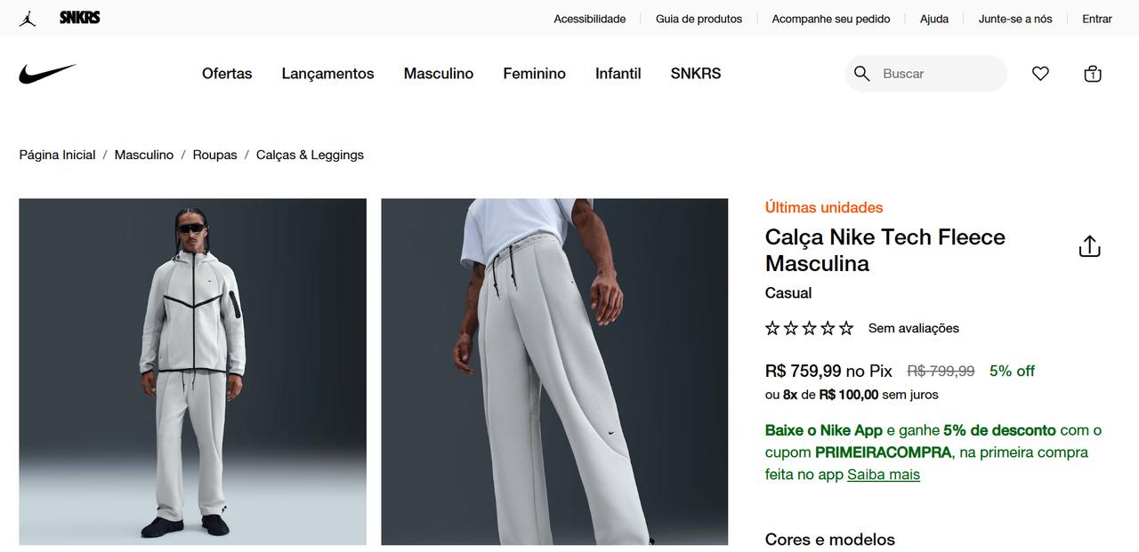 Print da calça do conjunto Nike Tech Fleece no site brasileiro da Nike.