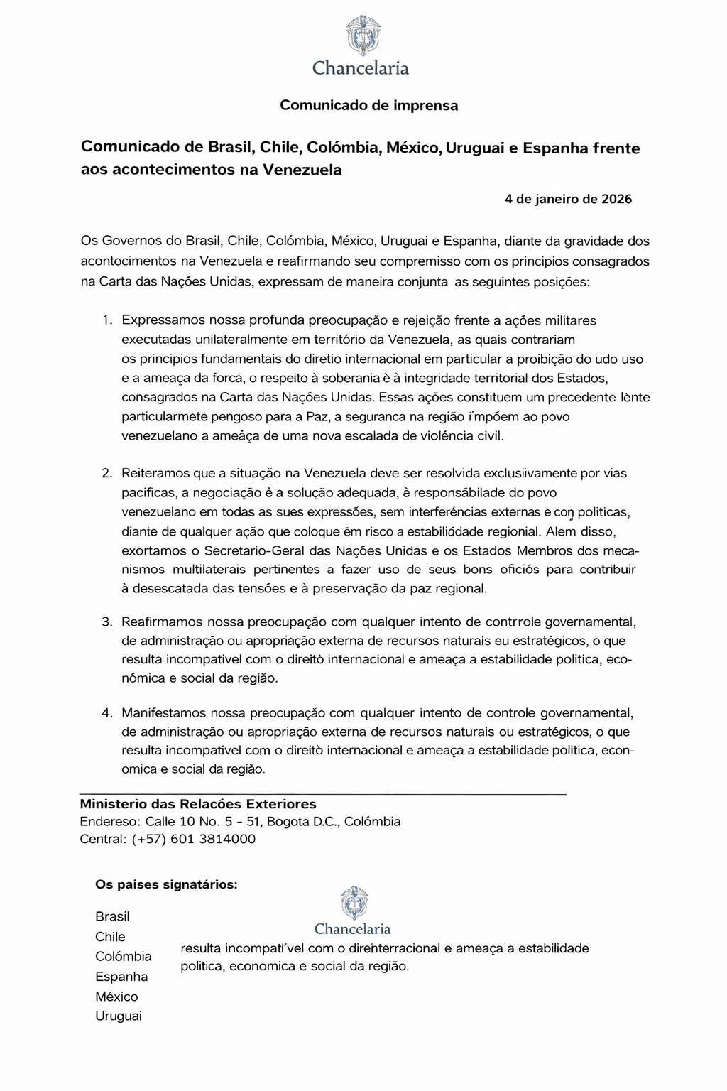 Foto do comunicado de países da América do Sul sobre a situação na Venezuela.