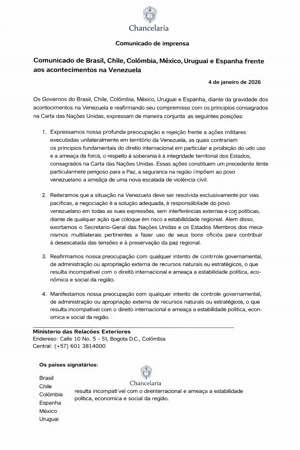 Foto do comunicado de países da América do Sul sobre a situação na Venezuela.