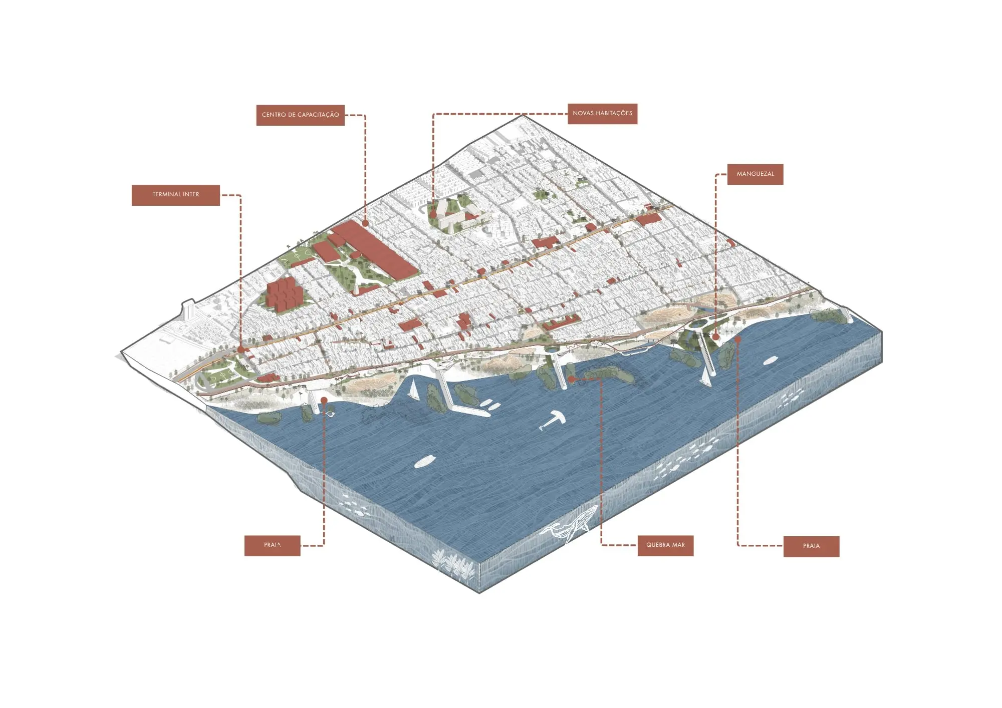 Imagem 3D de um mapa urbano do Pirambu, em Fortaleza, com destaque na zona costeira, incluindo pontos como centro de convenções, terminal intermodal, marinas, ponte e praça, mostrando uma vista detalhada da infraestrutura da cidade.
