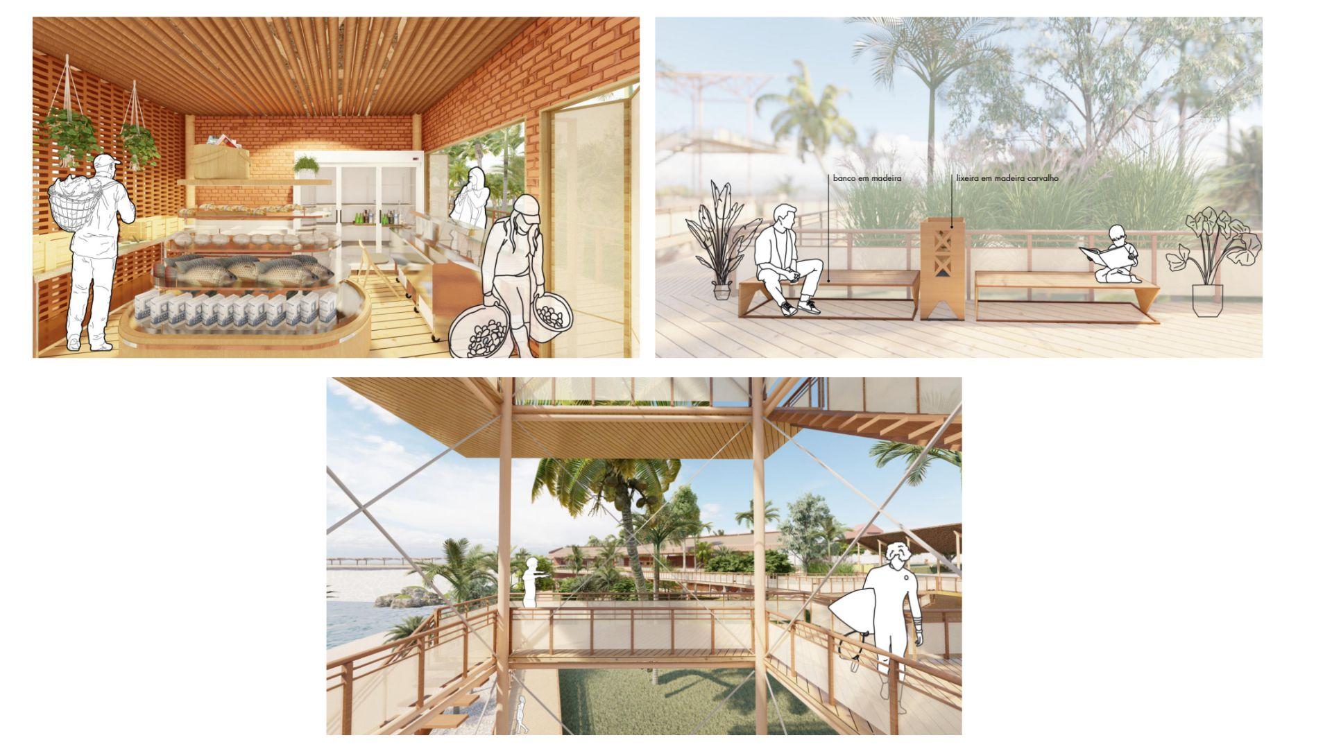 Três áreas de lazer ao ar livre e interior com design moderno e sustentável, incluindo varanda com vista para a natureza, espaço de convivência e área com piscina, ideal para relaxamento e socialização.