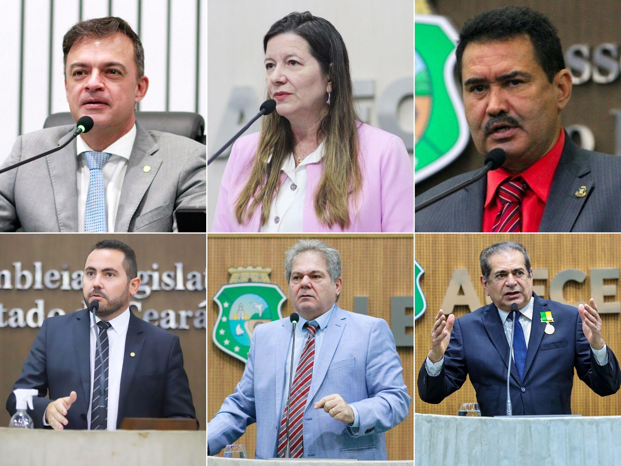 Fotos dos deputados estaduais Fernando Santana (PT), Lia Gomes (PSB),Moisés Braz (PT), Oriel Filho (PT), Osmar Baquit (PSB) e Zezinho Albuquerque (PP) durante discurso na tribuna do Plenário 13 de Maio da Alece.