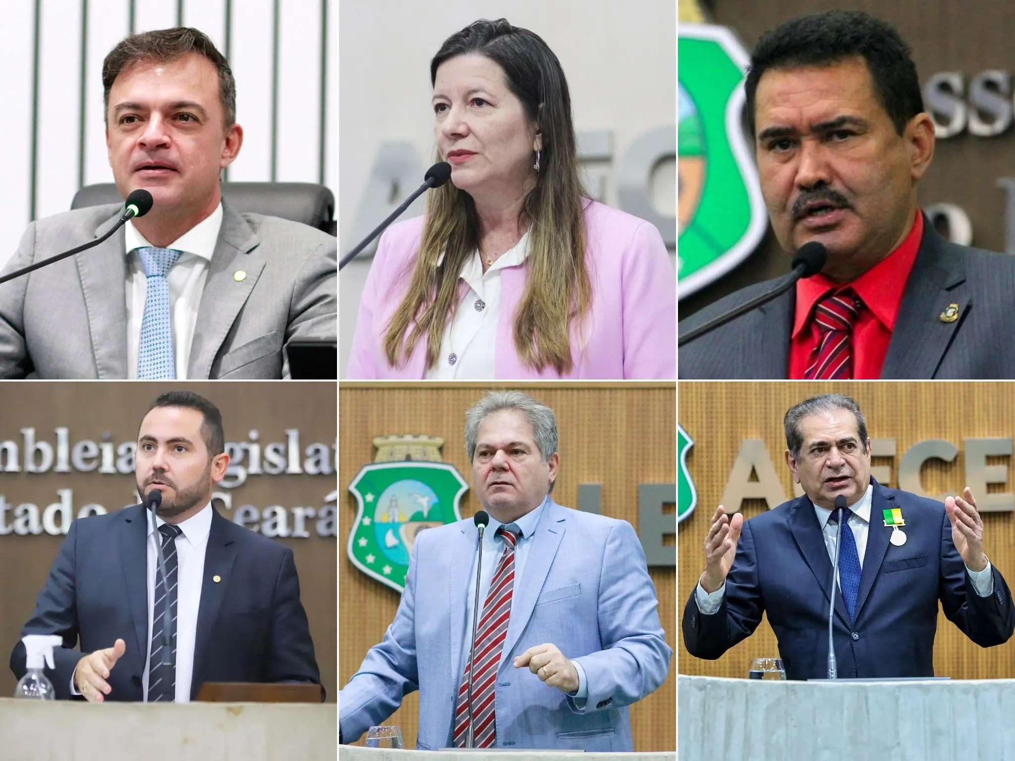 Fotos dos deputados estaduais Fernando Santana (PT), Lia Gomes (PSB),Moisés Braz (PT), Oriel Filho (PT), Osmar Baquit (PSB) e Zezinho Albuquerque (PP) durante discurso na tribuna do Plenário 13 de Maio da Alece.