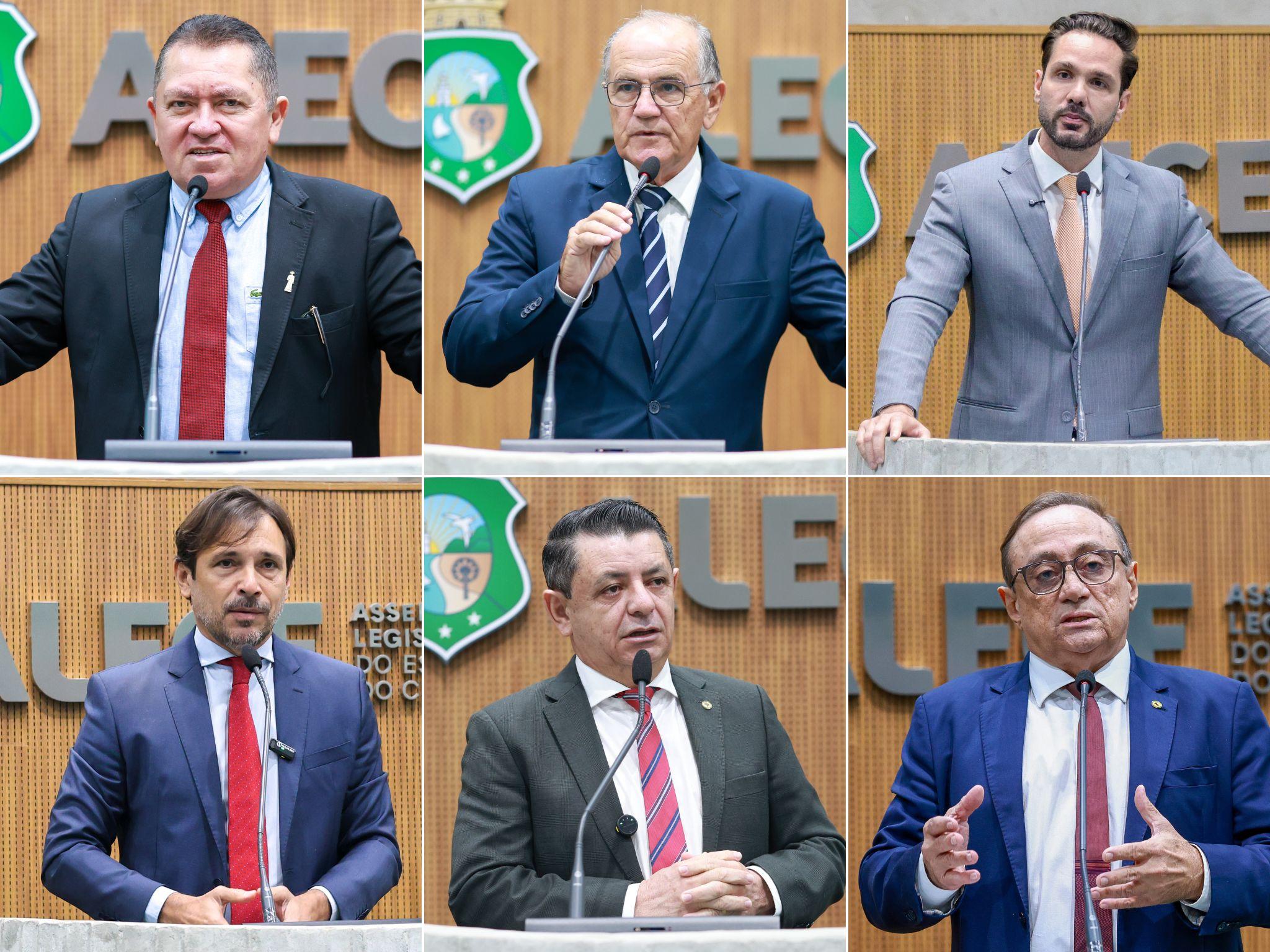 Fotos dos deputados estaduais Almir Bié (PP), Antônio Granja (PSB), Guilherme Bismarck (PSB), Guilherme Sampaio (PT), Nizo Costa (PT) e Tin Gomes (PSB) durante discurso na tribuna do Plenário 13 de Maio da Alece.