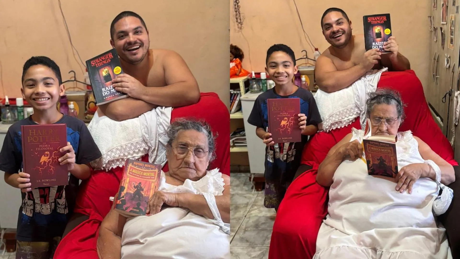 Laurinha ao lado de Neto e seu bisneto, que também constrói o apreço pela leitura.