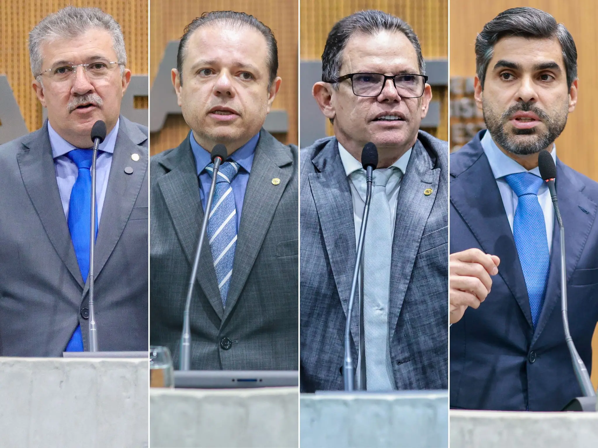 Fotos mostram deputados Antônio Henrique (PDT), Cláudio Pinho (PDT), Lucinildo Frota (PDT) e Queiroz Filho (PDT) durante discursos na tribuna da Alece.