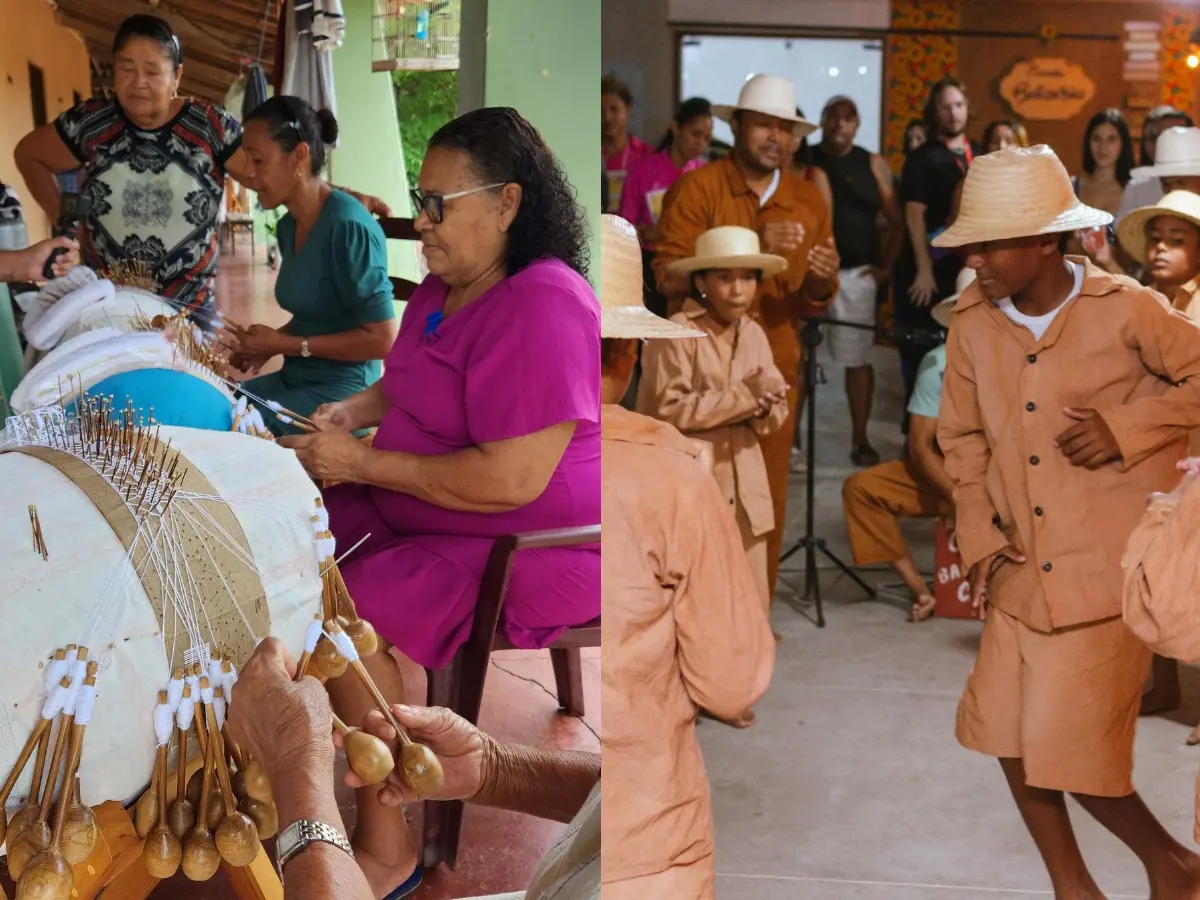 Foco destaca dois pilares da cultura popular: o ofício técnico das rendeiras de bilros, focado na agilidade das mãos sobre as almofadas tradicionais, e a expressividade da dança do coco, representada por um grupo de crianças e adultos devidamente caracterizados.