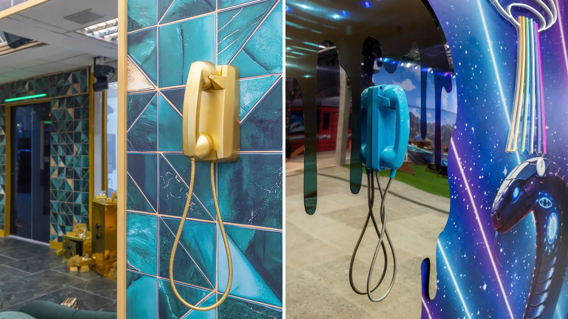 montagem de fotos dos big fones do BBB 26. Um dourado, à esquerda, localizado na sala, outro azul, localizado na área externa da casa.