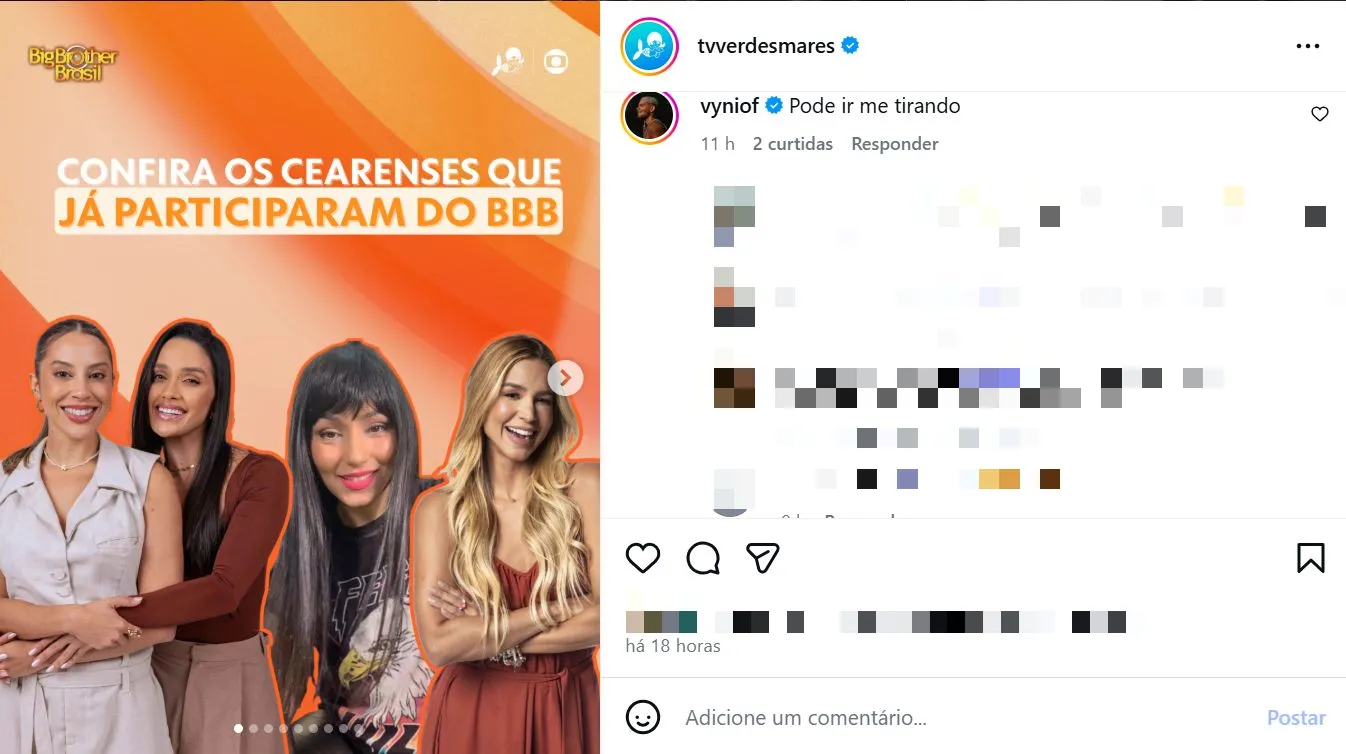 Vyni comentou na publicação da TV Verdes Mares.