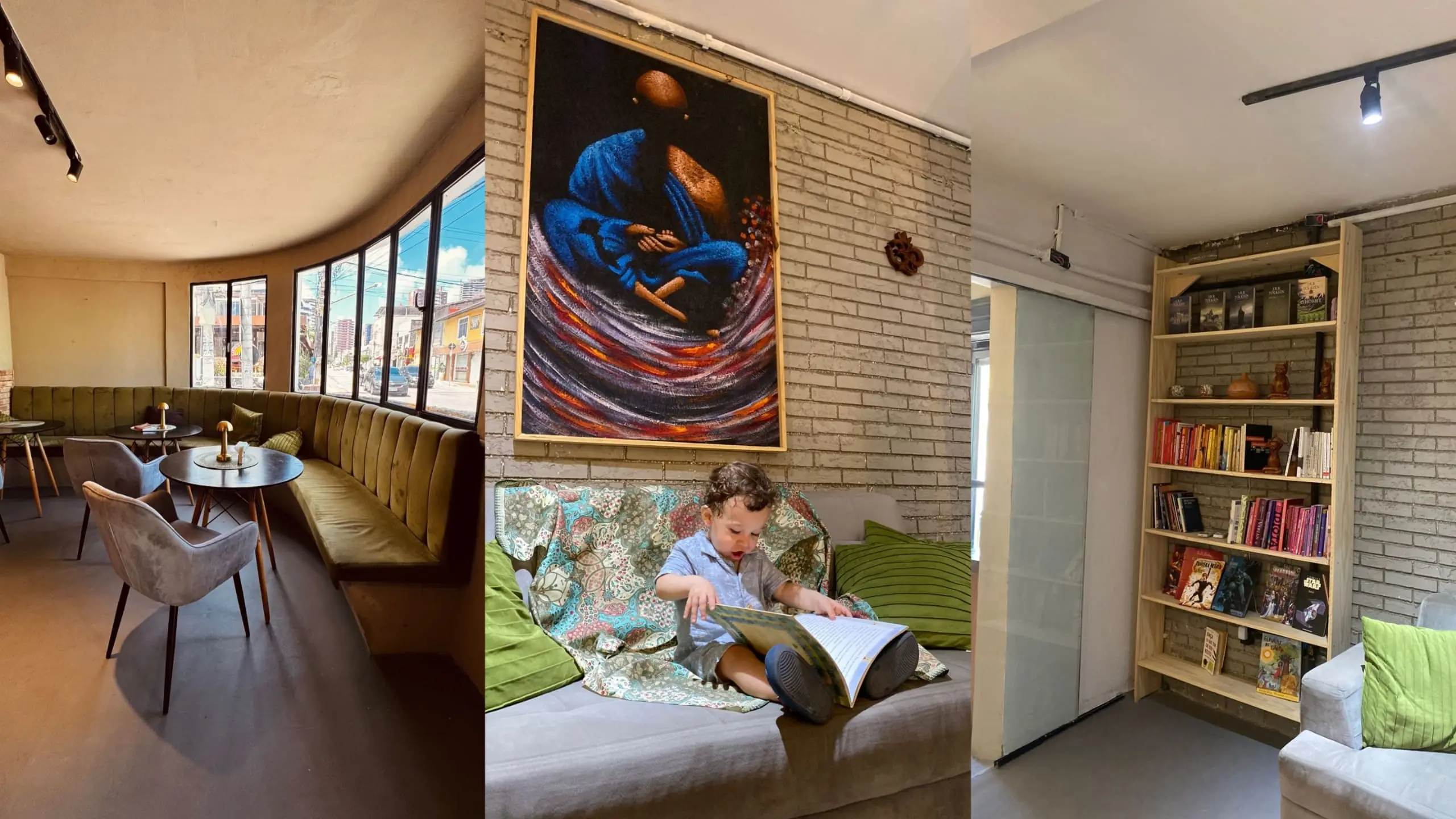 Imagem com três colagens da parte interna da Cafeteria Giardini.