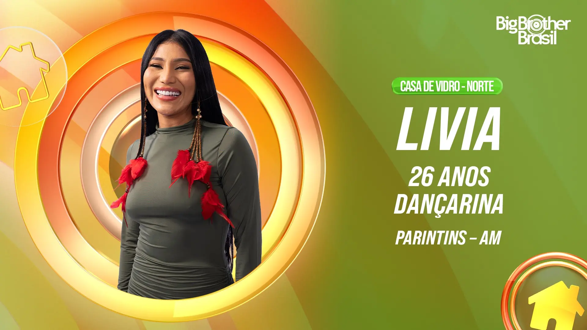 Livia, participante da Casa de Vidro do Big Brother Brasil, sorrindo com seus brincos de penas.