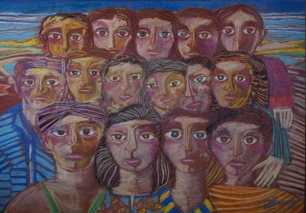 Obra de arte de Zé Tarcísio composta por 15 rostos humanos.