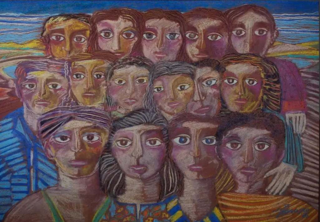 Obra de arte de Zé Tarcísio composta por 15 rostos humanos.