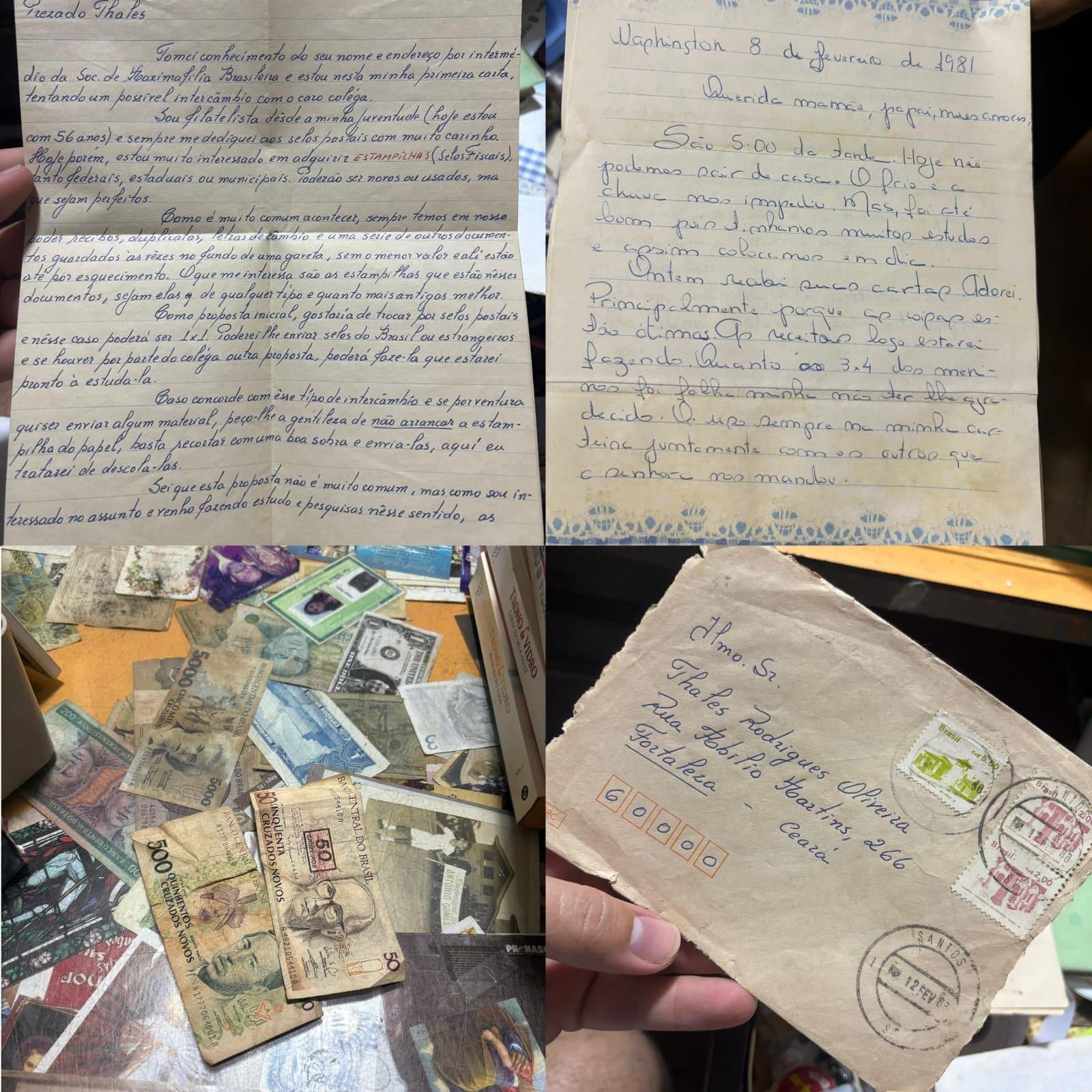 A imagem mostra cartas, cédulas de dinheiro, todos achados dentro de livros.