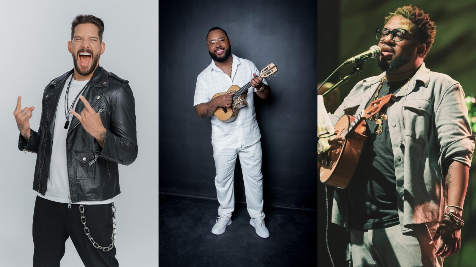 Na imagem tem a fotos dos cantores, Felipe Pezzoni, Márcio Alexandre e Dudu Nobre.