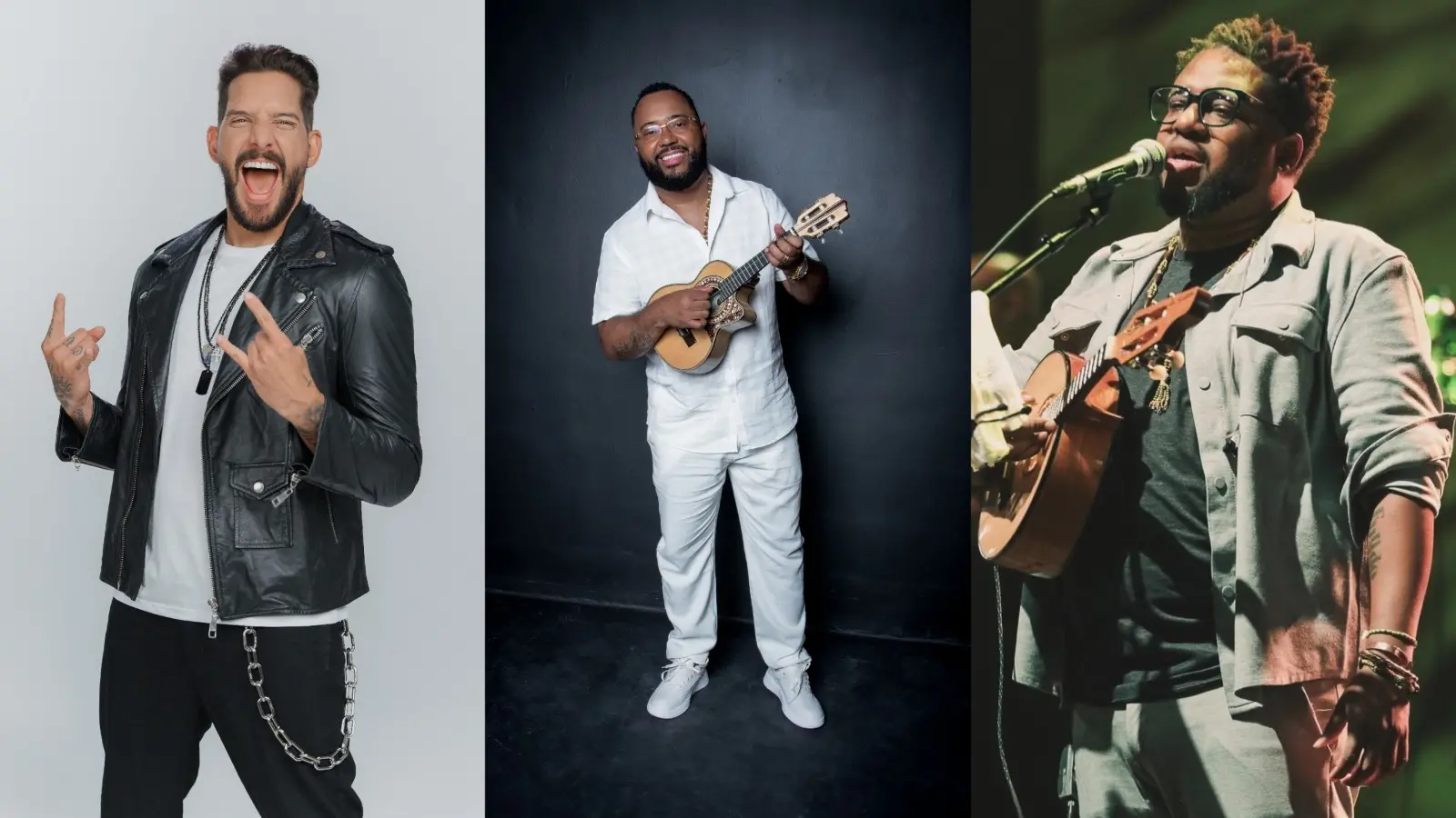Na imagem tem a fotos dos cantores, Felipe Pezzoni, Márcio Alexandre e Dudu Nobre.