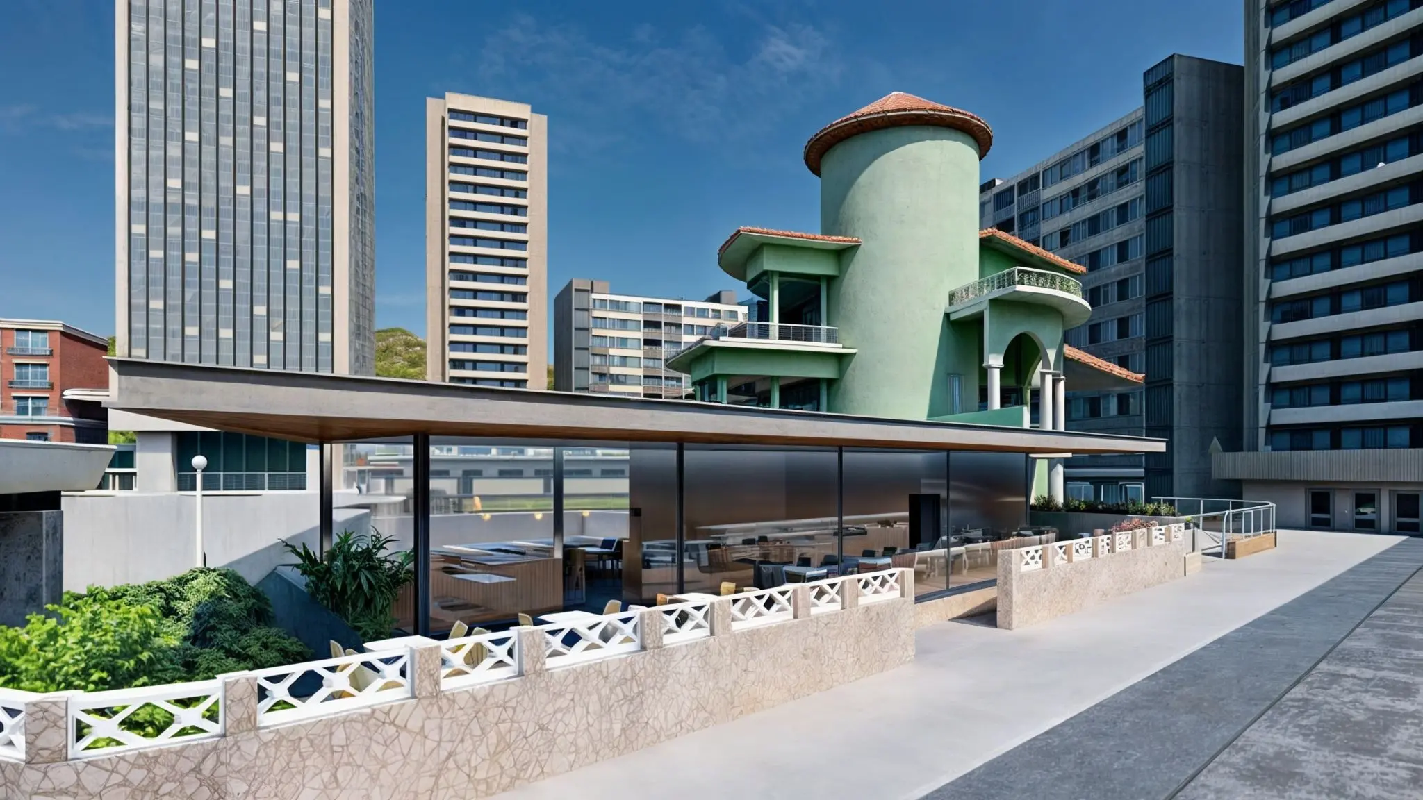 Renderização da vista externa do café, com fachada envidraçada e o casarão histórico do Náutico ao fundo.