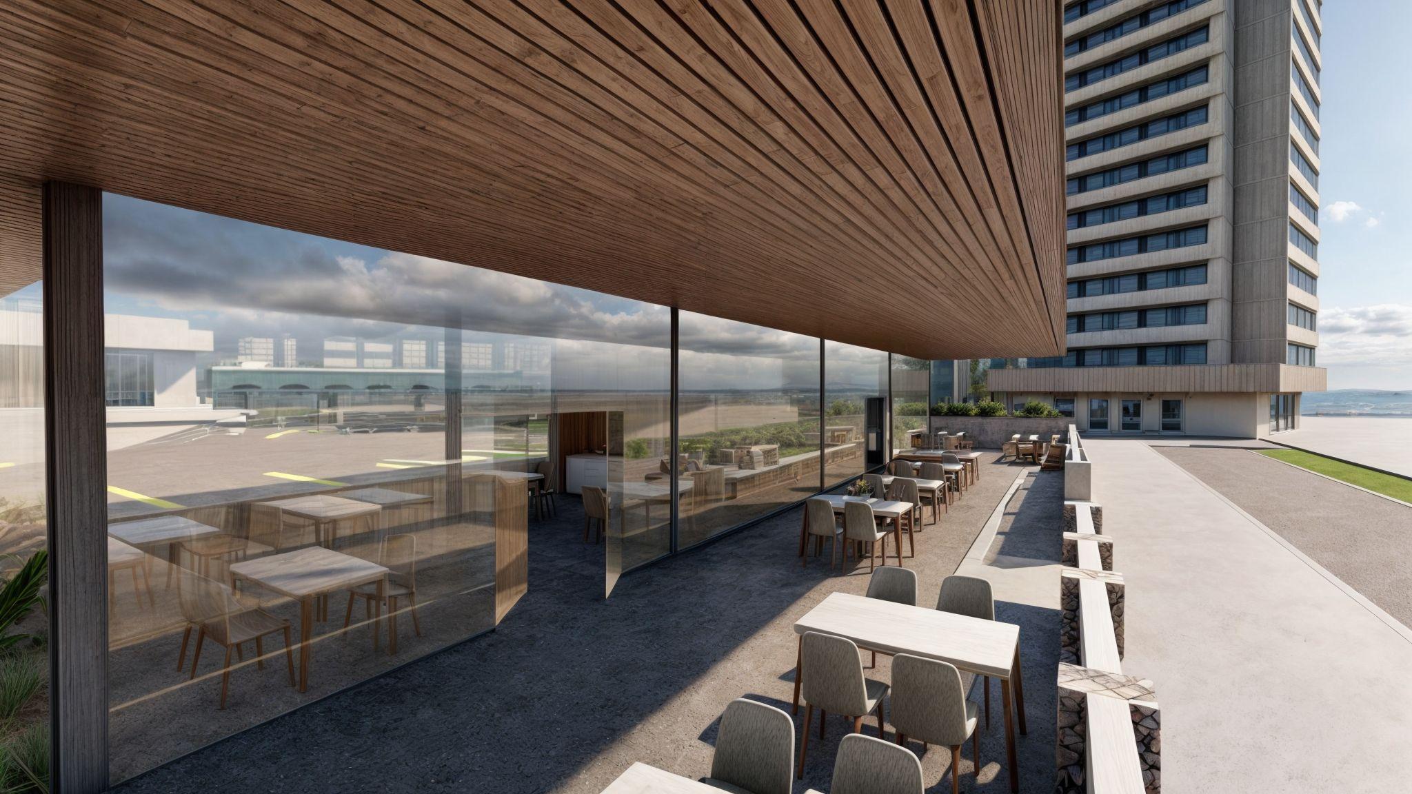 Renderização de área externa com mesas para clientes.