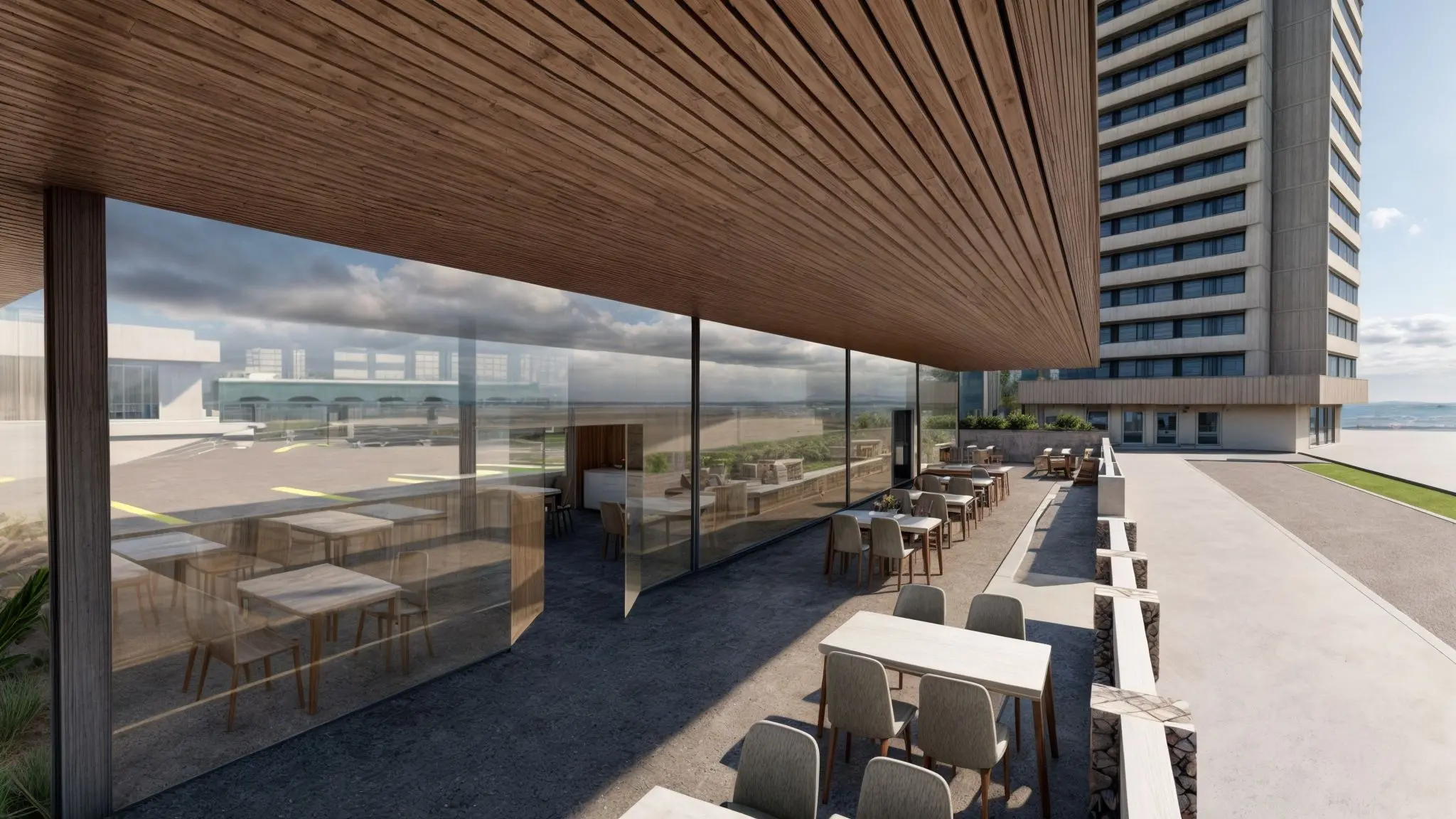 Renderização de área externa com mesas para clientes.