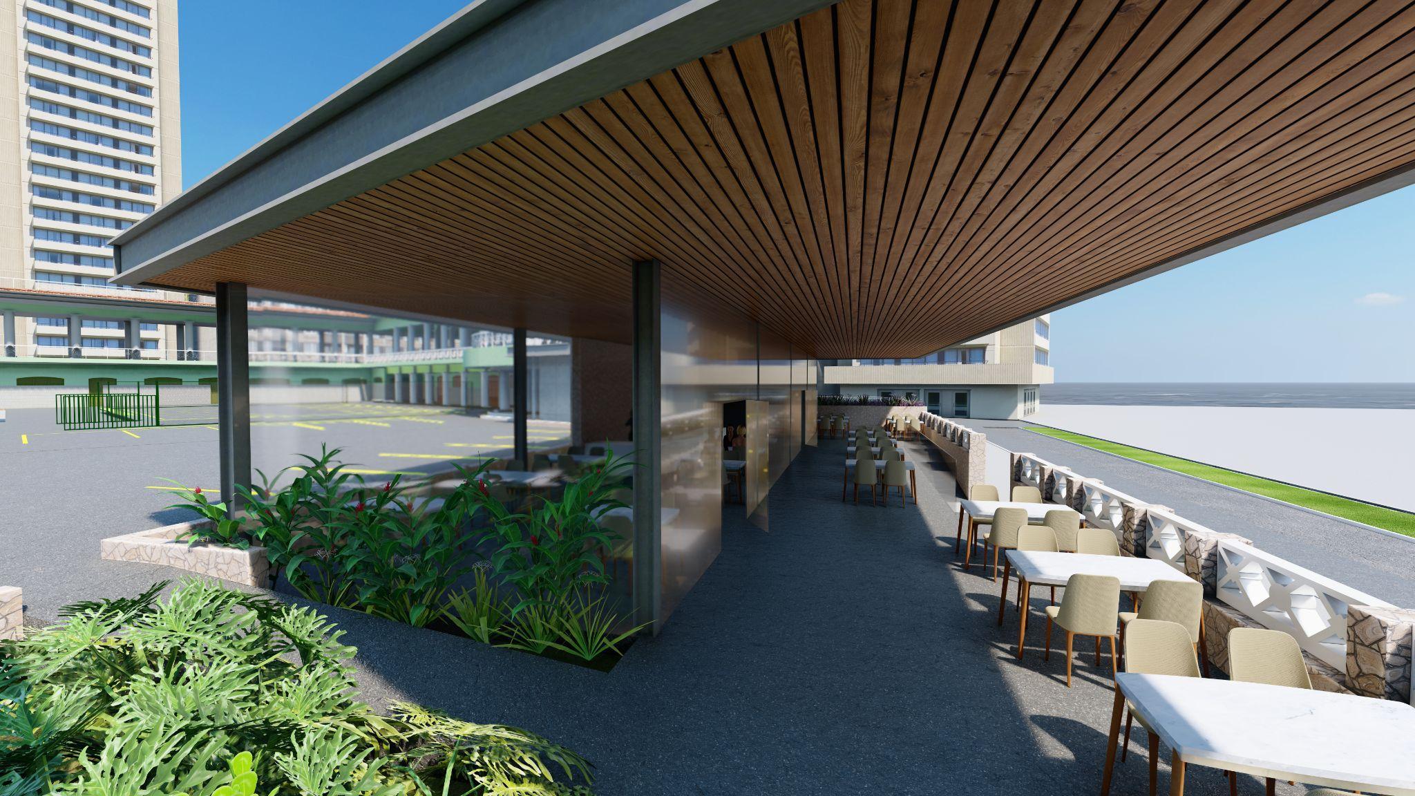 Renderização mostra áreas interna e externa do café.