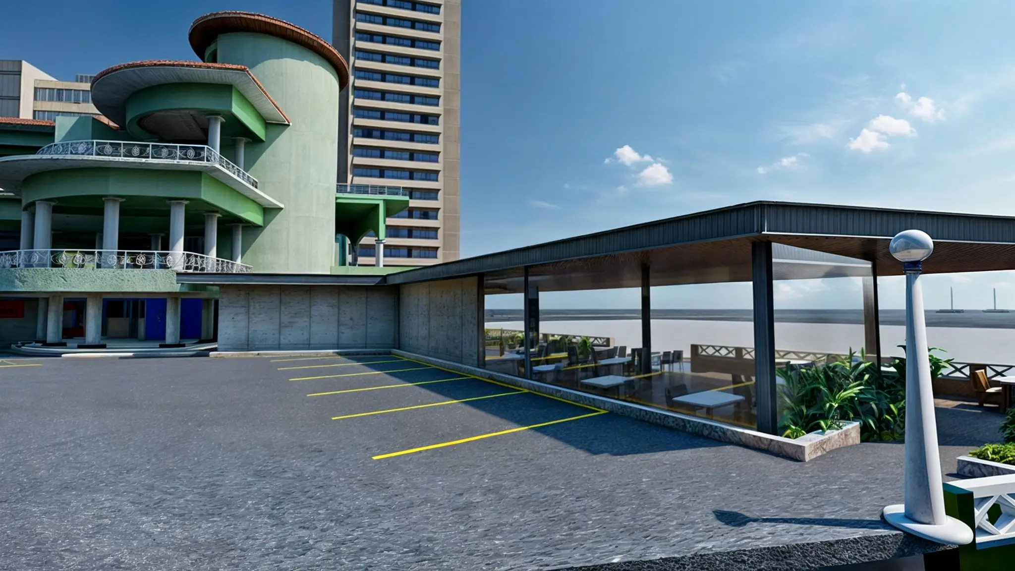 Renderização mostra estacionamento, próximo à área do café.