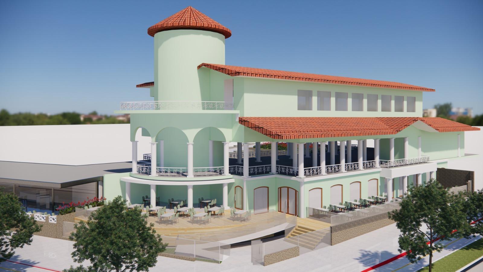 Renderização mostra restaurante Boteco Náutico no térreo do edifício histórico.