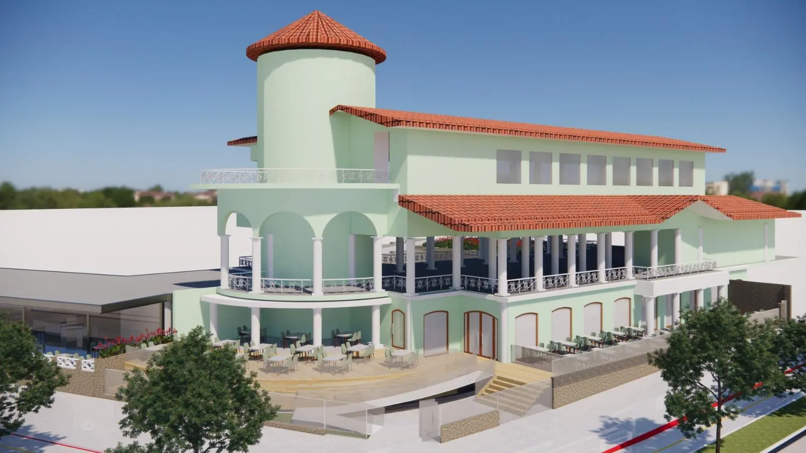 Renderização mostra restaurante Boteco Náutico no térreo do edifício histórico.