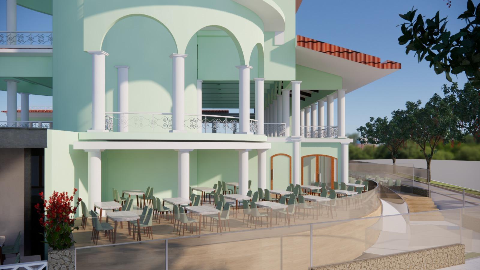 Renderização mostra mesas do restaurante com mais detalhe.