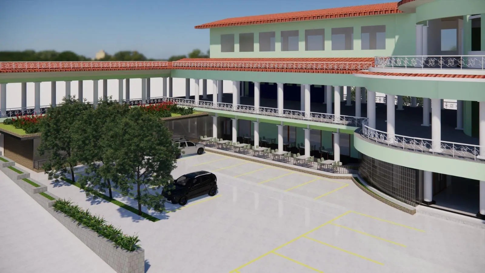 Renderização mostra estacionamento próximo às mesas do restaurante.