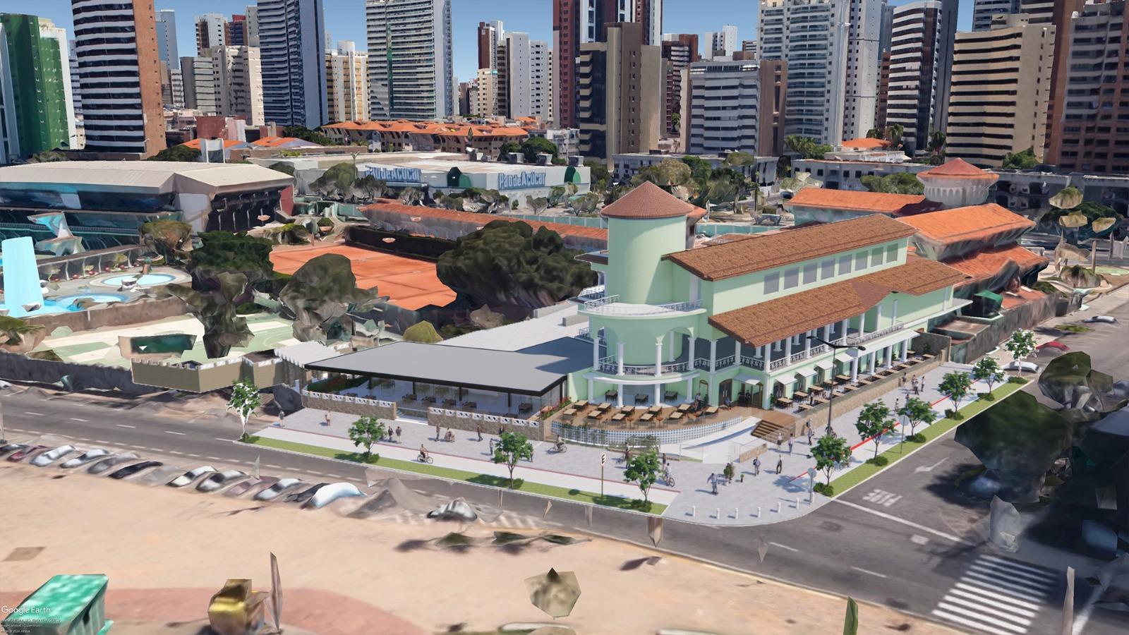 Renderização simula vista aérea que mostra as áreas do café e do restaurante no Náutico.