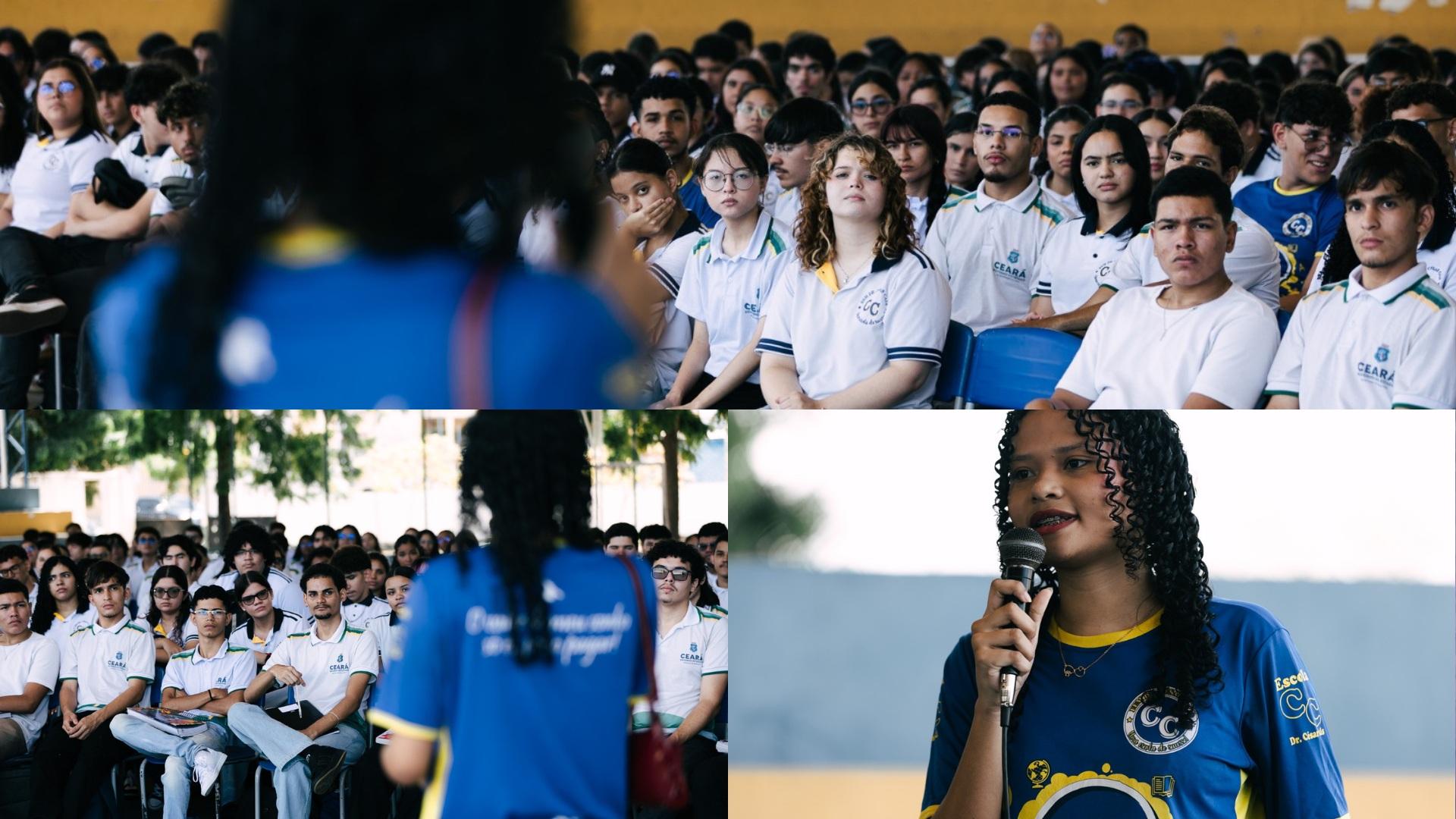Montagem mostra Ana Rafaely palestrando para estudantes uniformizados no César Cals. Imagens destacam a jovem falando ao microfone e a plateia atenta em um auditório escolar no Ceará.