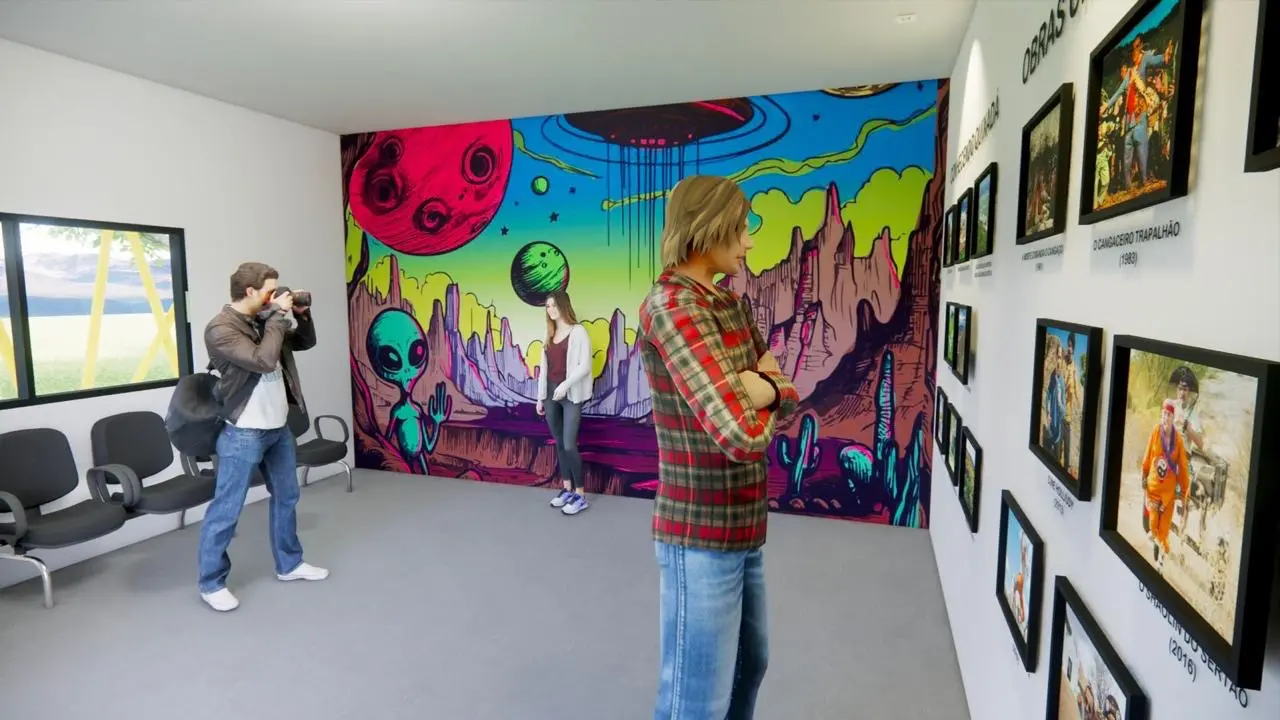 Visitantes em uma galeria de arte em Quixadá, no Ceará, observando obras variadas, incluindo ilustrações de alienígenas e cenas de ficção científica, com uma parede de fundo colorida e temática futurista.
