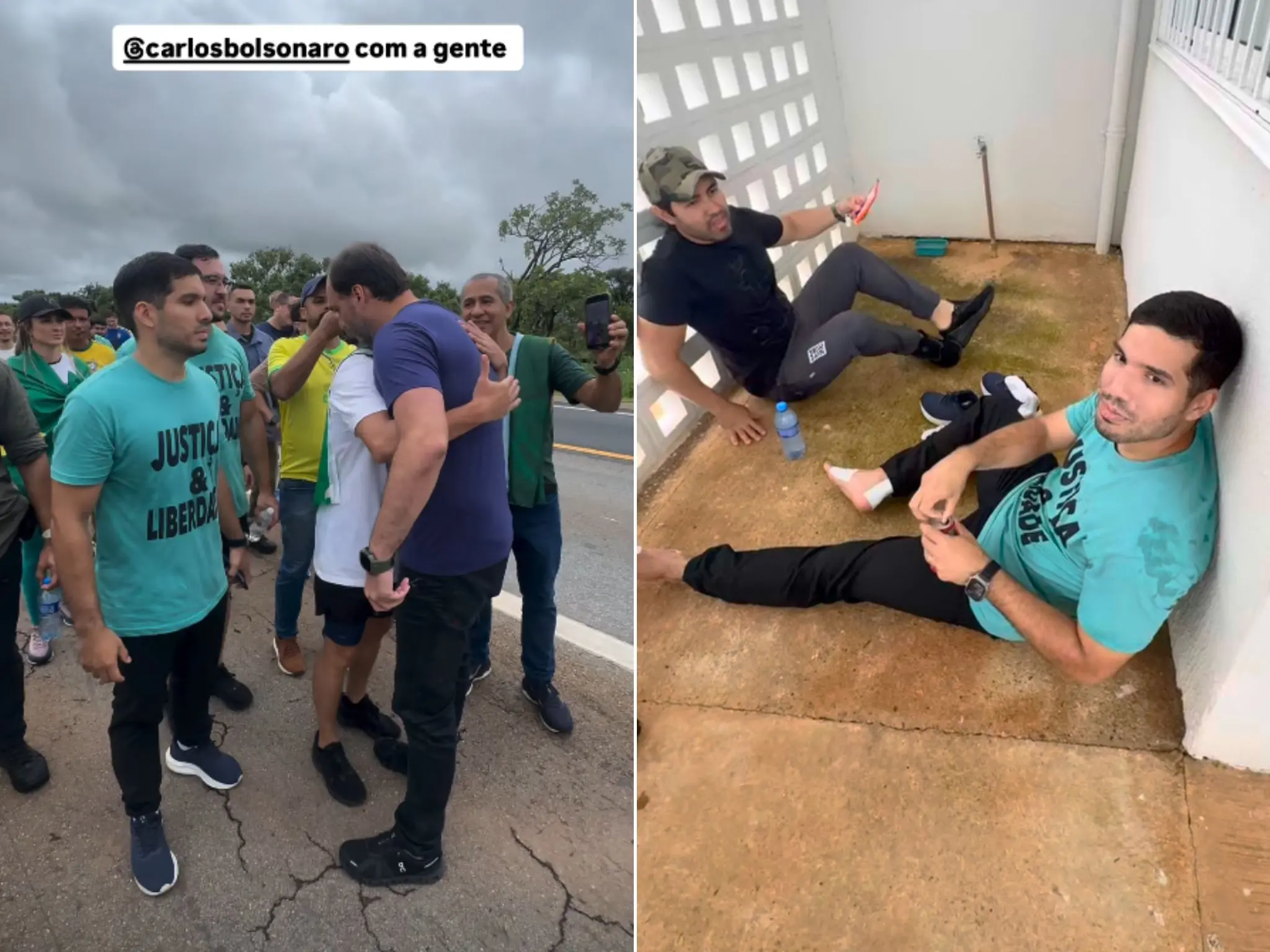 Fotos mostra momentos de André Fernandes durante a caminhada promovida por Nikolas Ferreira, com a chegada de Carlos Bolsonaro e parada para descanso.